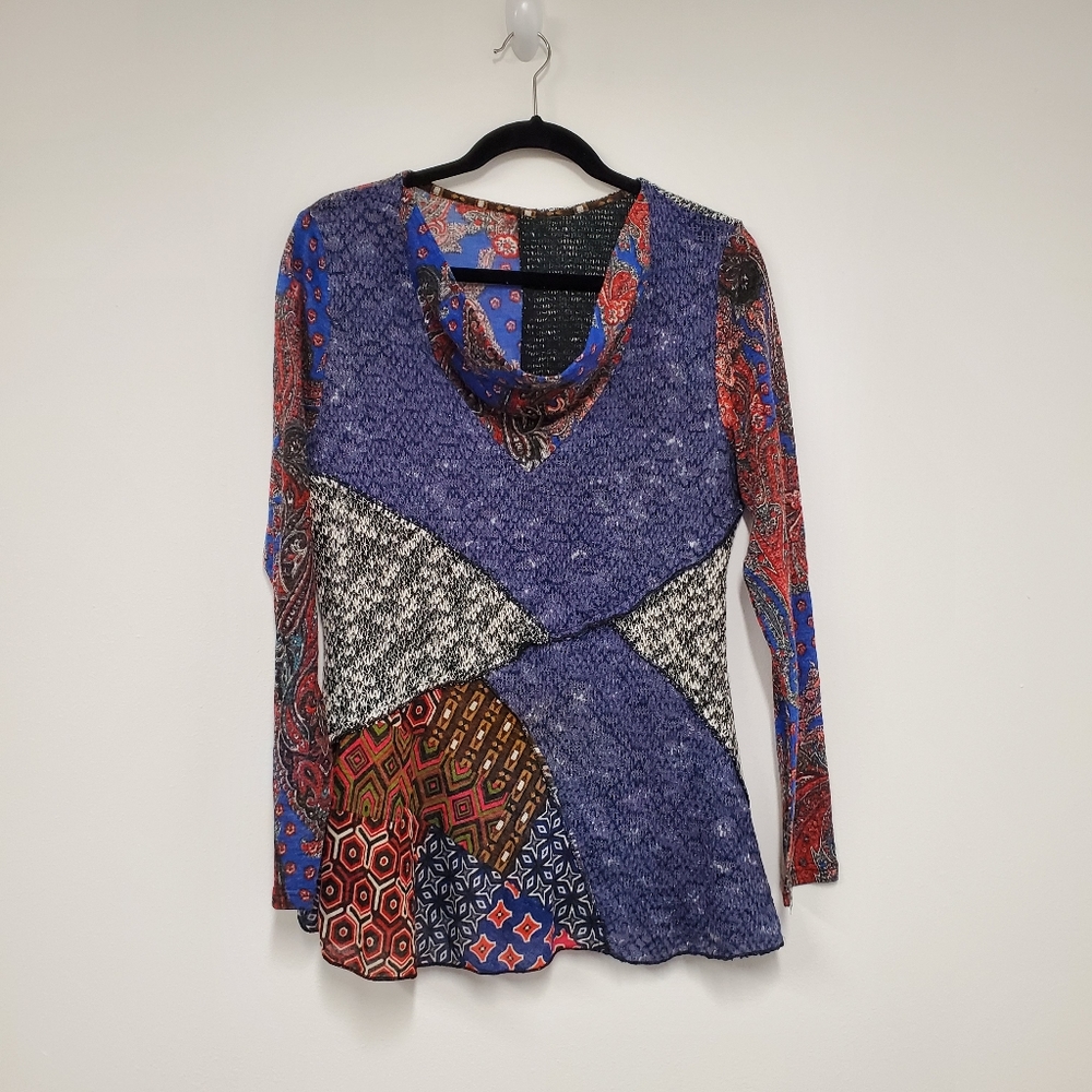 Feratelli Lagenlook Artsy Mixed Media Drape neck Top Women's L Patchwork Knit